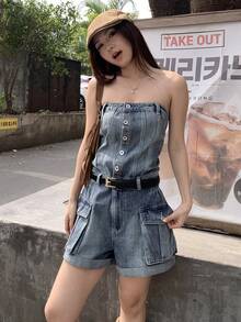 DAZY Women's Washed Denim Jumpsuit, Casual Street Music Festival Tube Top Overalls - Medium Wash - View 1