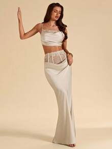 SHEIN BAE Elegancki komplet spódnicy syreny z satyny w kolorze morelowym z koronką i wiązaniem na ramiączkach, 2 sztuki dla kobiet, elegancka spódnica w kolorze morelowym, odpowiednia na imprezę, koktajl, urodziny, dla druhen i gości weselnych - Morela - Zobacz 7