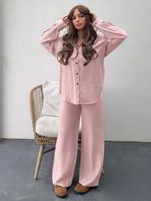 Jeta Ari Bộ đồ hai mảnh phong cách phương Tây, màu trơn, chất liệu giả denim và vải lanh, dáng rộng thoải mái, thích hợp cho kỳ nghỉ hè/thu/đông của nữ. - Hồng - Xem 1