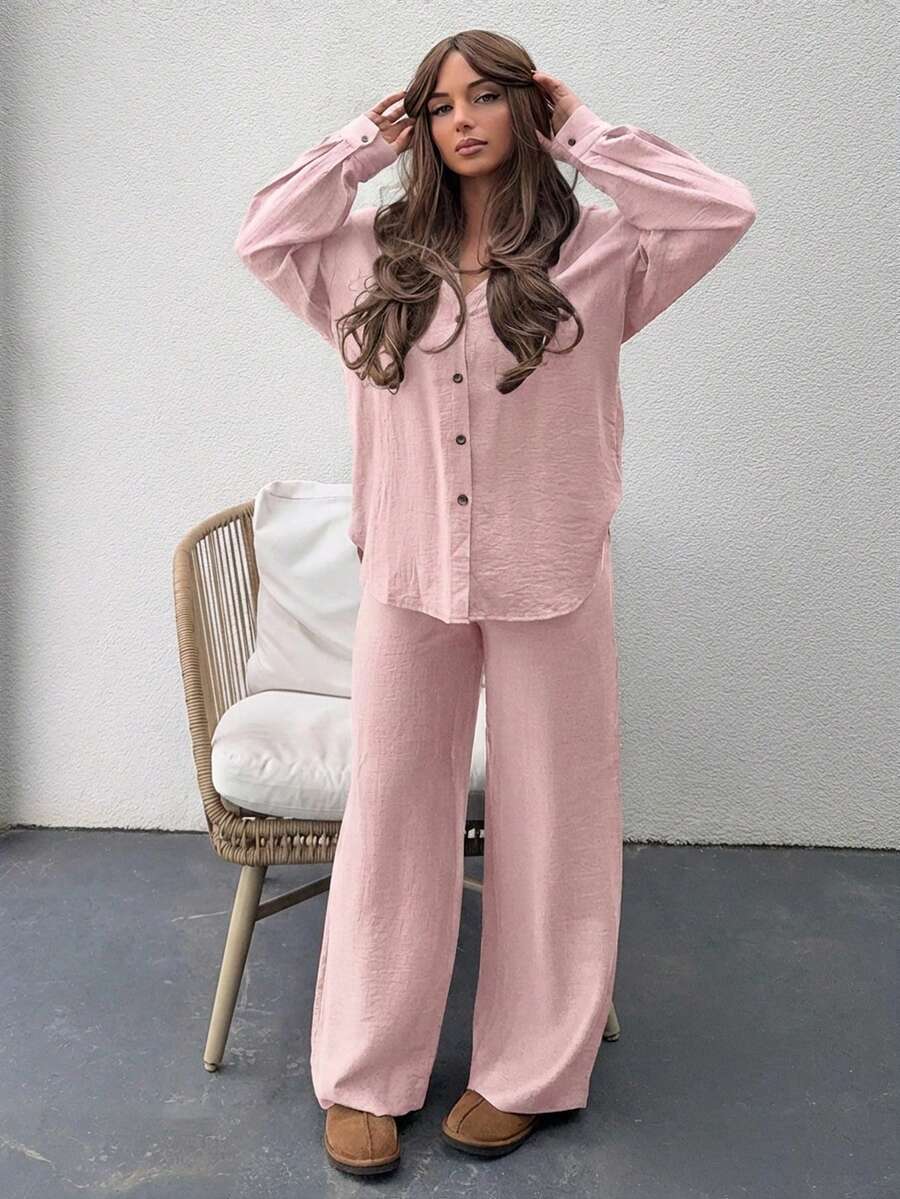 Jeta Ari Bộ đồ hai mảnh phong cách phương Tây, màu trơn, chất liệu giả denim và vải lanh, dáng rộng thoải mái, thích hợp cho kỳ nghỉ hè/thu/đông của nữ. - Hồng - Xem 1