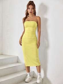 SHEIN EZwear 夏季开衩黑色紧身连衣裙 女装 女士夏季连衣裙 无肩带连衣裙 抹胸连衣裙 紧身夏季连衣裙 - 鵝黃色 - 查看 4