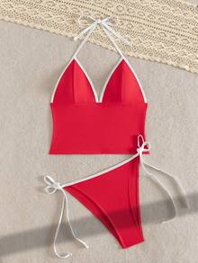 Swim SPRTY Women's Summer Beach Patchwork Halter Tie Fashionable Tankini Swimwear Set - Red and White - View 3