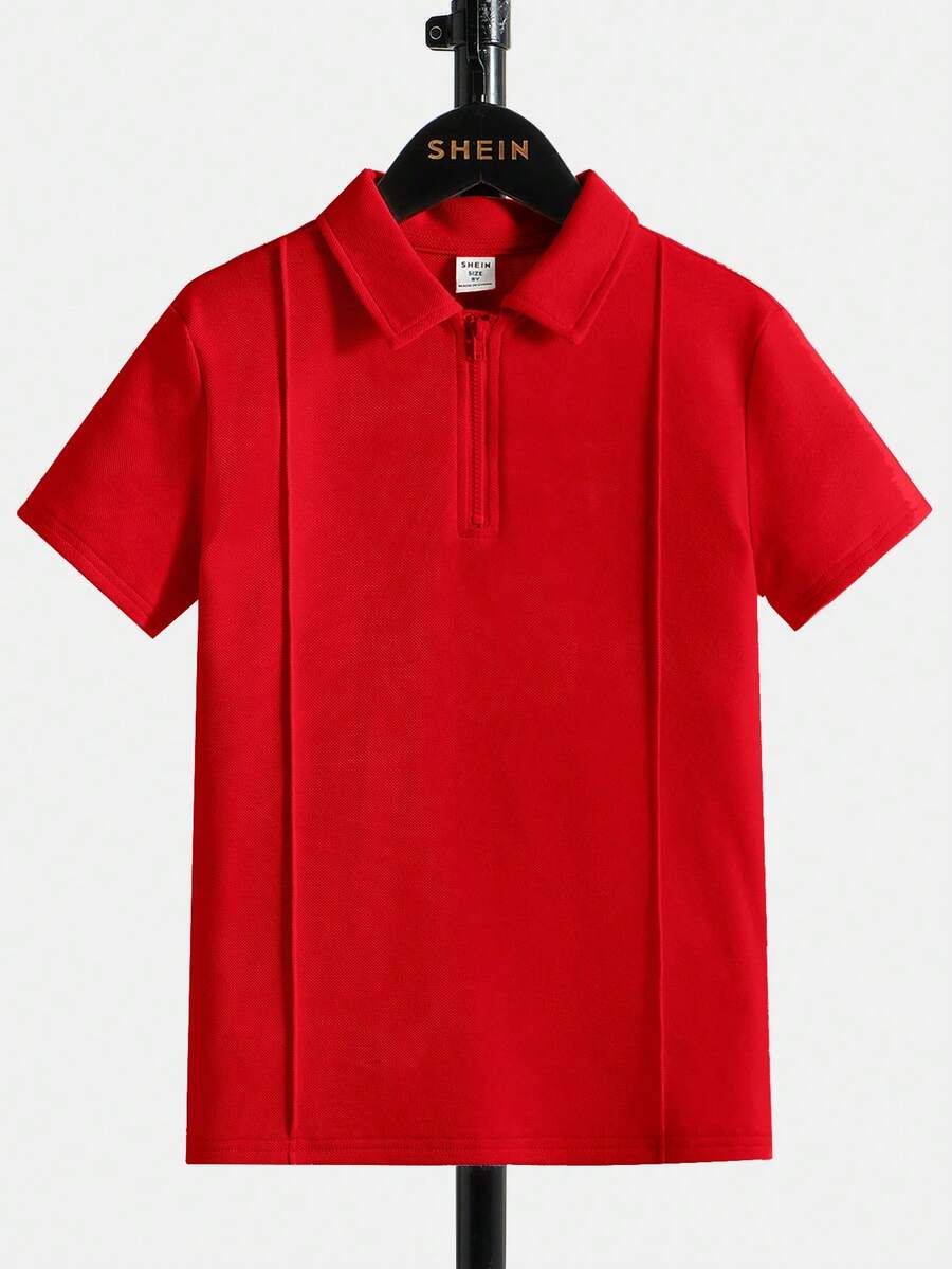 SHEIN 男童纯色休闲百搭日常短袖Polo衫 - 紅色 - 查看 1