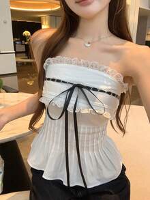 DAZY 女士蕾丝拼接无肩带吊带衫 - 白色 - 查看 4