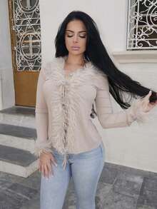 Vassilux Fringed V-Neck Knitted Cardigan, Khaki With Tie, Autumn/Winter Layering Chic Top For Women Fall Cloth For Women - Khaki - View 5