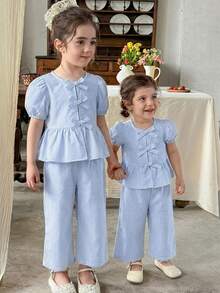 LMoss Kids 2pcs Baby Girl Woven Striped Petal Sleeve Casual Shirt And Loose Fit Pants Set - Blue - View 4