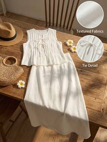 Breezaya Bộ trang phục thường ngày mùa xuân/hè dành cho nữ, áo không tay cổ tròn xếp ly thắt nơ phía trước và chân váy suông. - trắng - Xem 1