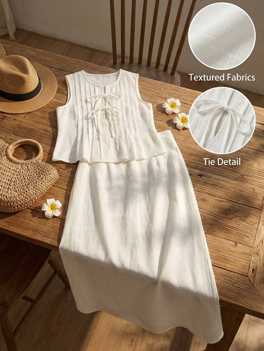 Breezaya Bộ trang phục thường ngày mùa xuân/hè dành cho nữ, áo không tay cổ tròn xếp ly thắt nơ phía trước và chân váy suông. - trắng - Xem 1