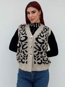 Bearsaez 女式单排扣 V 领豹纹针织背心，秋冬款 - 彩色 - 查看 5