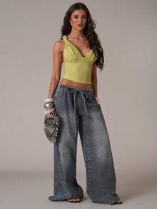 SHEIN BAE Damen Lässig Urlaubs Spaghetti-Träger Twist Taille Seitenschlitz Gerafftes grünes strukturiertes Camisole Top, geeignet für Strandurlaub, Schwester Lässig Urlaub, Musikfestival, Lässig Ausflüge, Alltagstragen - Grün - Übersicht 3