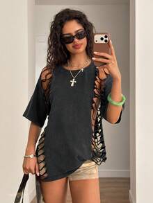 Muchica Y2k T-Shirt  Round Neck Distressed Fashionable Versatile Short Sleeve - Black - View 7