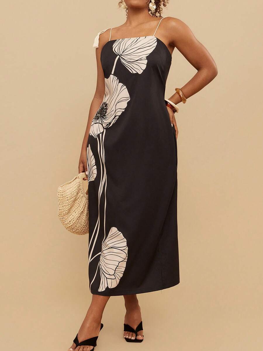 Travachic Vestido de tirantes con estampado floral elegante y decoración de lentejuelas para talla grande, ropa de resort de verano, vestido para cena de crucero, disfraz de Halloween, ropa para fiesta de Navidad, look de Año Nuevo, atuendos de Acción de Gracias, vestidos elegantes para fiestas, vestidos de noche de lujo para bodas, vestidos de tirantes para mujeres, Acción de Gracias, vestido elegante y chic para fiestas, vestido de fiesta elegante y de lujo para invitados de boda - Negro - Ver 1