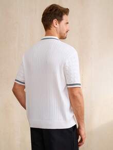 Manfinity CityGents Men's Contrast Stripe Print Button Casual Short Sleeve Knit Top - Multicolor - View 3