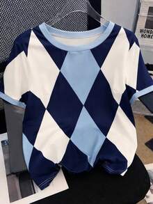 GlowEve CURVE Blue & White Rhombus Plaid Short Sleeve Casual Plus Size T-Shirt, Spring/Summer - Blue and White - View 1