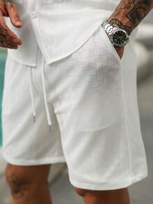 VENTUSAIL Men's Vacation Casual Solid Color Textured Shirt And Shorts Set,Men Old Money,Daily Leisure, Weekend Trips, Outdoor Activities, Travel Expeditions, Relaxed Work Environments Or Semi-Formal Occasions, Boyfriend/Husband Gift, Anniversary /Birthday Gift Party Summer Vacation Holiday,Wedding,Spring To Summer,Easter,Stylish Men's White Linen Blend Two Pieces Set Short Sleeve Lapel Collar Shirt And Drawstring Waist Shorts For Vacation - White - View 3