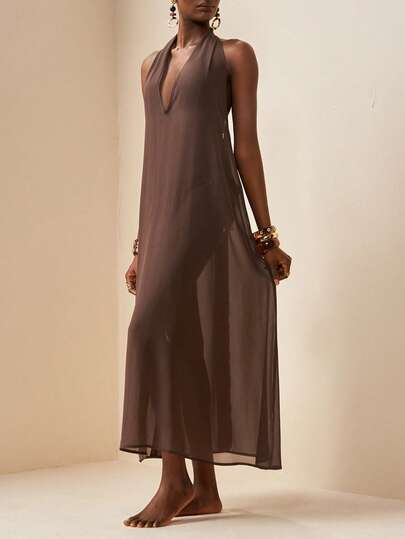 Zivah 2026 Women's Elegant Vacation Casual Beach Sheer V-Neck Long Dress Swimsuit Cover Up