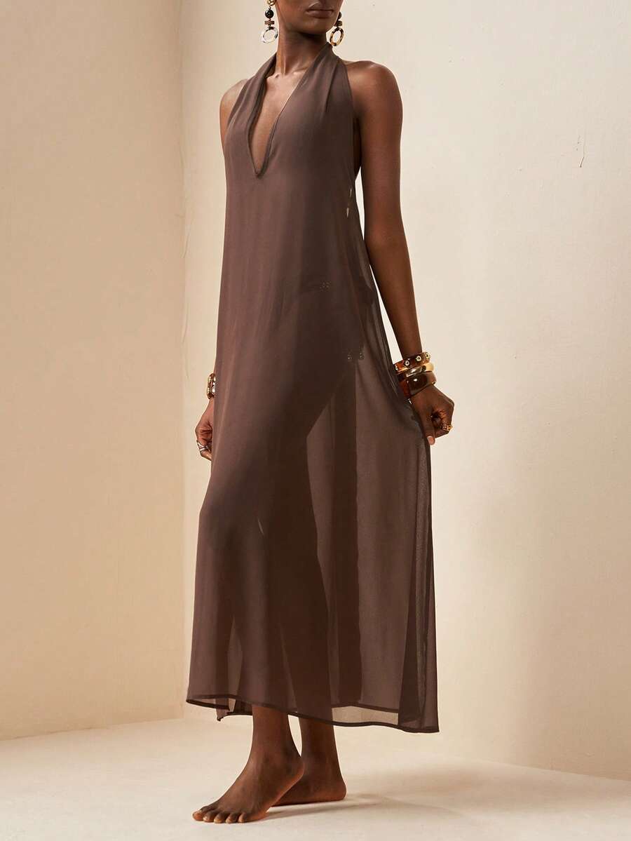 Zivah 2026 女士优雅度假休闲沙滩透视V领长款连衣裙泳衣罩衫 - 棕色 - 查看 1