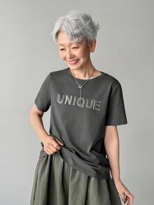 FRIFUL 女士纯灰色字母印花水钻装饰宽松休闲百搭棉质T恤 - 灰色 - 查看 2