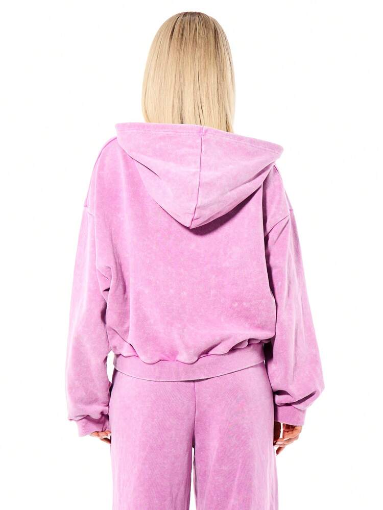 SUMWON WOMEN Pink Graphic Full Zip Hoodie With Drawstring