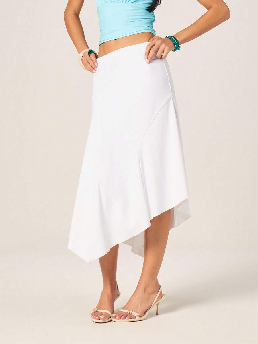 MISSGUIDED Women's Asymmetric White Midi Skirt Irregular Hem Design Flowy Summer Casual Stylish Elegant - White - View 1