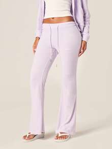 MISSGUIDED 女士薰衣草色毛巾布喇叭裤高腰柔软抓绒阔腿慢跑裤舒适休闲抽绳腰宽松阔腿裤 - 紫色 - 查看 1