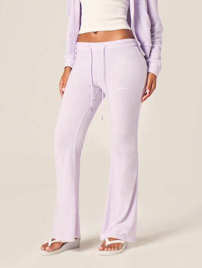 MISSGUIDED 女士薰衣草色毛巾布喇叭裤高腰柔软抓绒阔腿慢跑裤舒适休闲抽绳腰宽松阔腿裤