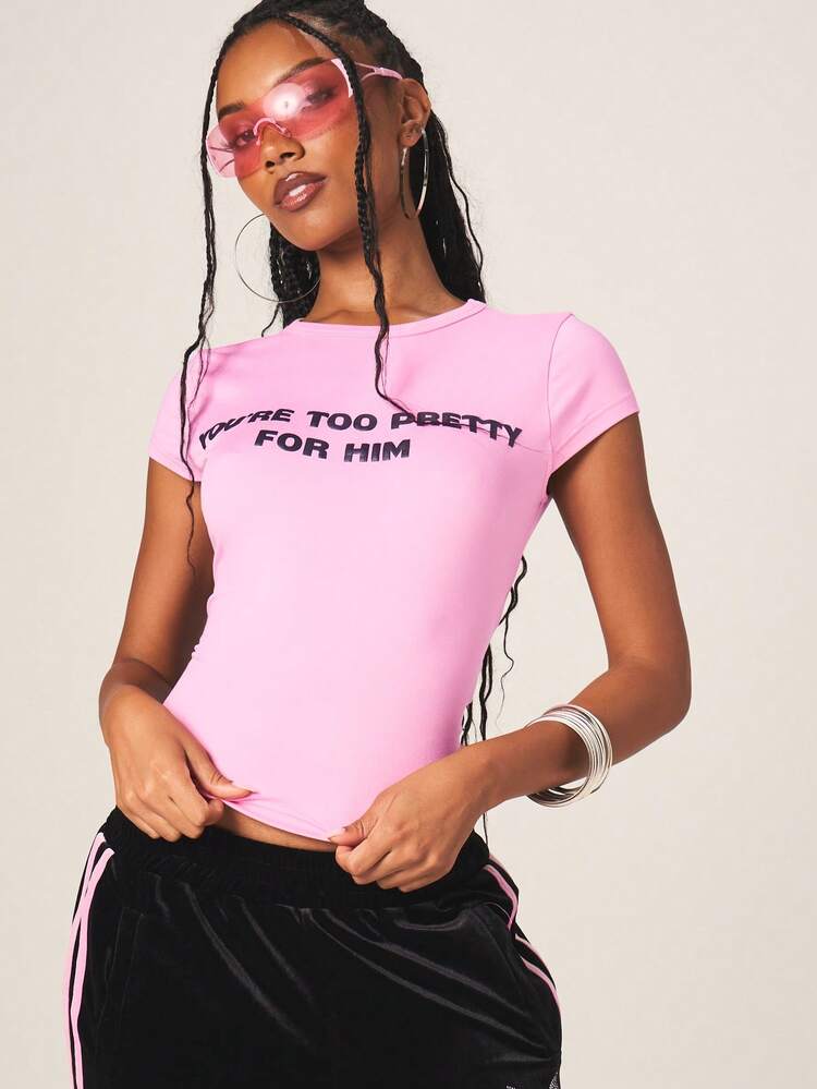 MISSGUIDED Women's Too Pretty For Him Graphic Baby Tee Short Sleeve Crew Neck T-Shirt Statement Slogan Top Casual Streetwear