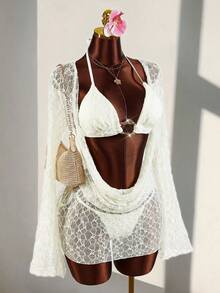 Amplova Bộ bikini hai mảnh gợi cảm dành cho nữ - gồm áo, quần và áo khoác ngoài. - Màu be - Xem 4