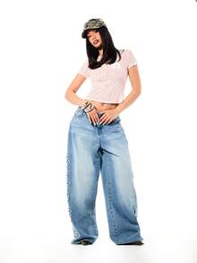 SUMWON WOMEN 女士阔腿樱花贴花做旧牛仔裤高腰阔腿裤款式春夏休闲街头风浅蓝色 - 藍色 - 查看 4