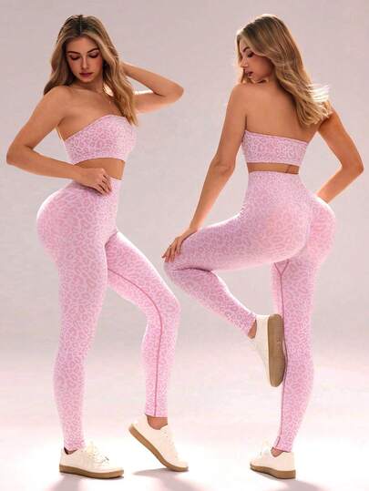Sovereign Charm Women's Seamless Leopard Print Sports Set, Dopamine Sexy Bandeau Top And Leggings 2 Pieces Outfit Pink Leopard Print Workout Set Pink Yoga Set Pink Activewear Set Pink 2 Piece Set Legging Two Piece Set