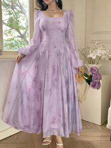 DAZY Women's Elegant Floral Print Square Collar Petal Sleeve Mid-Length Dress, Spring/Summer,Wedding Guest Dress Women - Mauve Purple - View 9