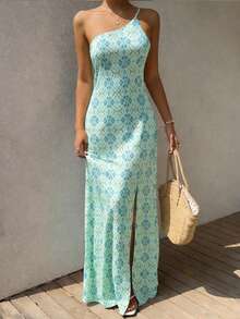 Vivid Eden Vacation Halter High Slit Bohemian Style Multicolor Print Women Dress, Green Beach Pool Sundress, Italian Summer - Aqua Blue - View 4