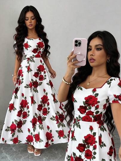 SHEIN Elenzya Women's Floral Rose Print Square Neck Cinched Waist A-Line Puff Sleeve Elegant Everyday Vacation Commute Fashion Valentine's Day Date French Street Retro Versatile Party White Base Red Rose Print Early Spring/Spring Summer Short Sleeve New Mid-Length Dress