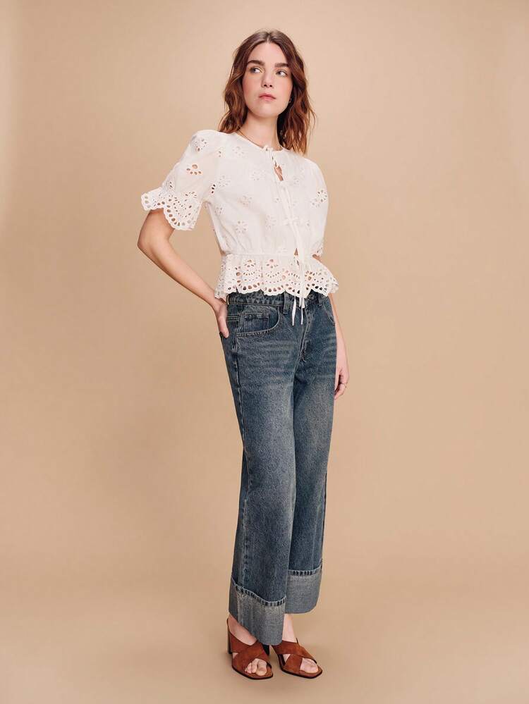Broidery Anglaise White Tie Front Cotton Blouse With Puff Sleeves And Scallop Hem Detail Boho Spring Summer Vacation French Style Parisian Style Spring Summer Cotton Top