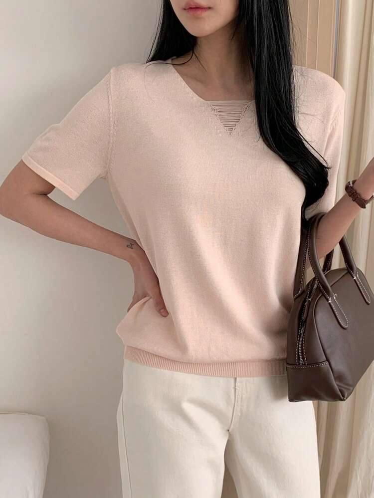Women's Loose Fit Solid Color Scoop Neck Short Sleeve Casual Vacation Lightweight Knit Top, Summer