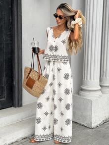 Pariaura 2pcs Women's Minimalist French Style Printed Blouse & Pants Set - Black - View 5