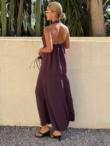 DAZY Conjunto de top halter sin espalda y falda de unicolor minimalista de estilo sexy y de vacaciones para mujer - Morado - Ver 4