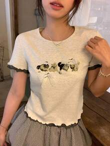 DAZY 女士圆领卡通印花蝴蝶结荷叶边短袖T恤，夏季 - 灰色 - 查看 1