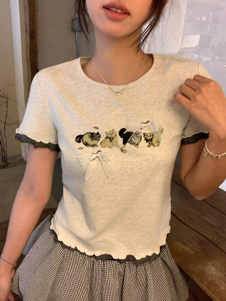 Women's Round Neck Cartoon Print Bow Ruffle Trim Round Neck Short Sleeve T-Shirt, Summer