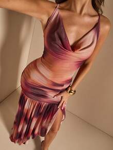 SHEIN BAE Women's Tie Dye Spaghetti Strap Draped Neck High Slit Dress, Spring/Summer,Summer Dresses For Women - Multicolor - View 7