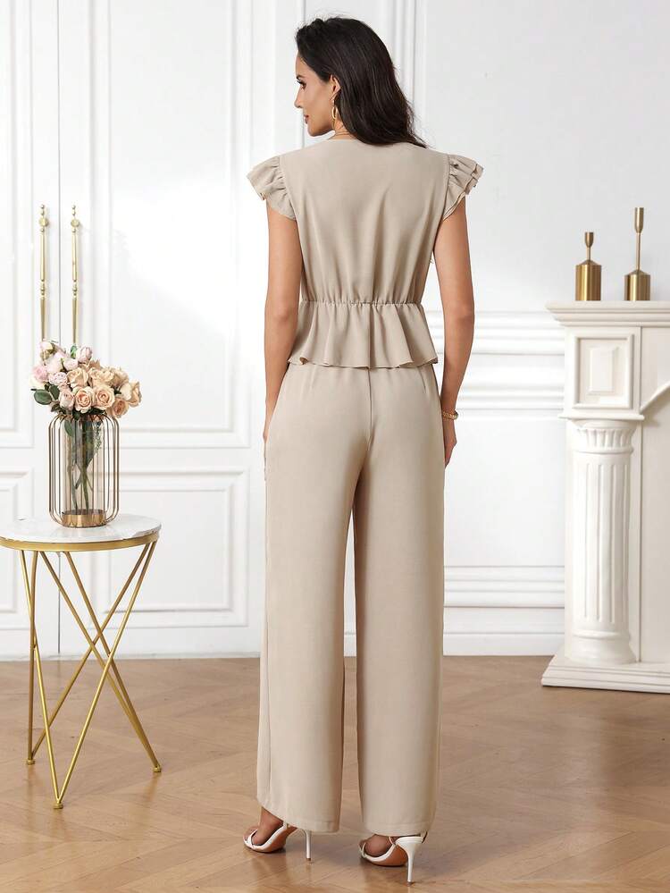 Women's Solid Color Button Design Cap Sleeve Shirt And Wide Leg Pants Casual 2 Pieces Set,Summer Set,Summer Outfit For Women Women 2 Piece Outfit Casual Women Elegant Outfits Classy Coords Outfit For Women Women Vacation Outfit Sets Women Clothes Sets,Summer Outfit For Women,Work Outfits For Women