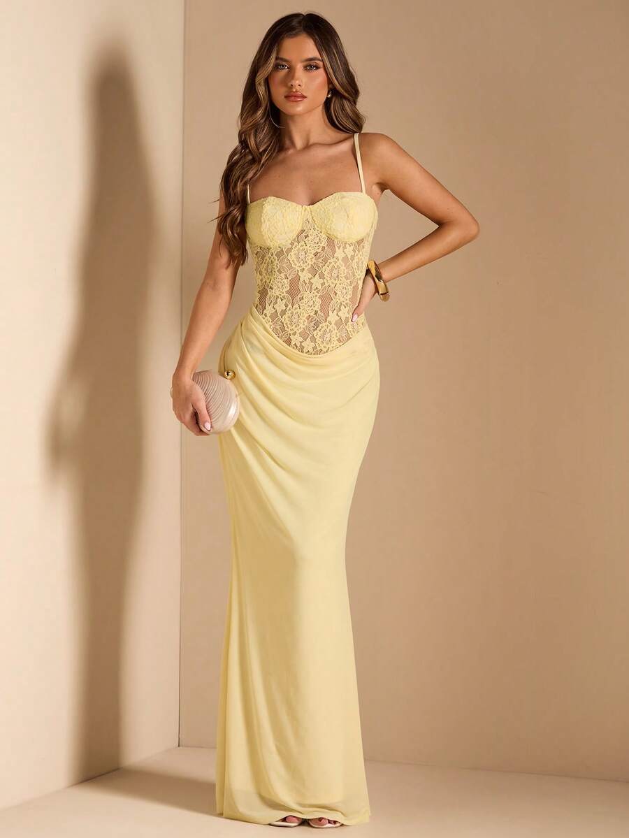 SHEIN BAE 蕾丝拼接无袖网纱鱼尾连衣裙，黄色连衣裙，优雅连衣裙，度假连衣裙，婚礼伴娘迷你裙，生日派对迷你裙，返校及毕业典礼连衣裙 - 黃色 - 查看 1