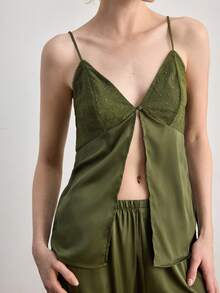 Ocili 2pcs Bohemian Style Lace V-Neck Camisole And Pants Comfortable Sleepwear Set For Women - Dark Green - View 6