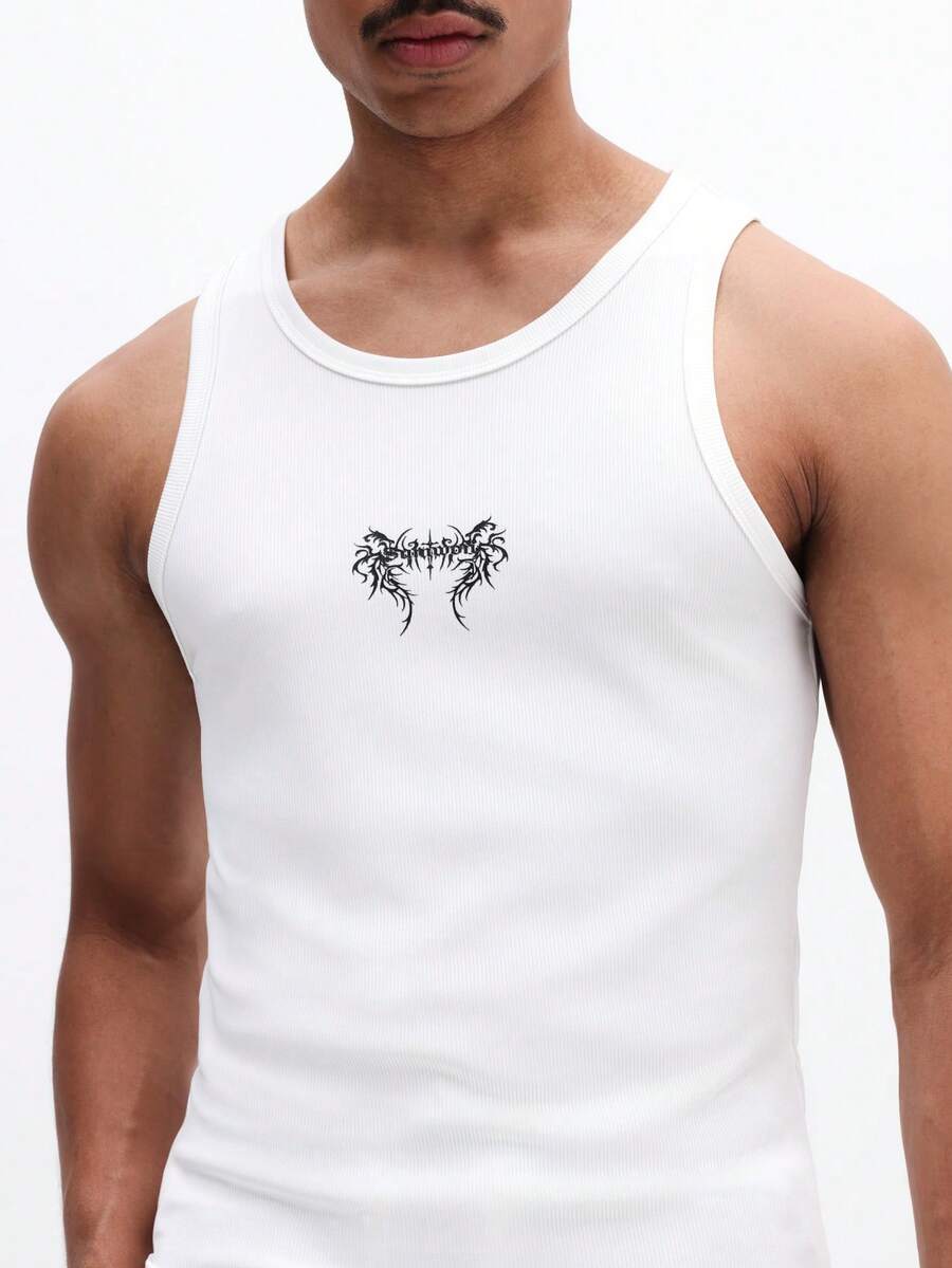 SUMWON Men's Sleeveless White Tank Top With Small Chest Print Design Casual Summer Basic Tee - White - View 1