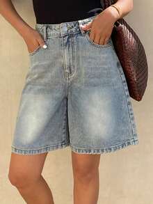Livesso 女士休闲日常口袋纽扣牛仔短裤 - 藍色 - 查看 2