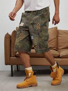 GALLERY FADE Men's Casual Street Style Embroidered Patch Camo Print Denim Shorts - Army Green - View 3