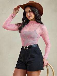 Wildy 黑色网纱透视蕾丝上衣，美式西部乡村音乐节风格，夏季女款 - 淺粉色 - 查看 3