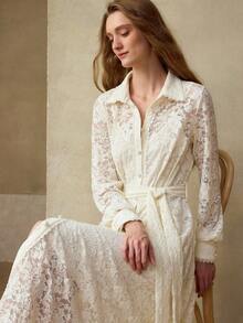MOTF PREMIUM LACE WAIST CINCHING SHIRT DRESS - Beige - View 5
