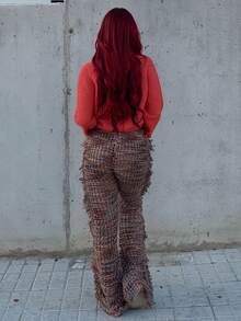 Bearsaez 2024 新款秋冬女式长流苏针织喇叭裤，休闲街头时尚风格 - E - 棕色 - 查看 2