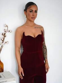 SAYEHFBABY 优雅、精致、浪漫、性感、独特的时尚新年、情人节、派对、舞会不对称高腰天鹅绒酒红色阔腿无肩带连体裤，秋冬款 - 酒紅色 - 查看 7